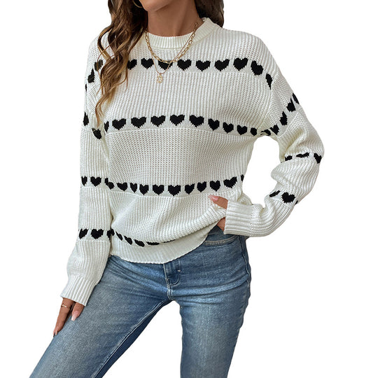 Damen Strickpullover mit Herz-Jacquard, Oversize-Rundhals & Rippbündchen Shop Nory