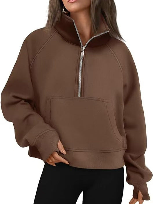Damen nan oversized Sweatshirt mit halbem Reißverschluss Kängurutasche und Daumenlöchern Shop Nory