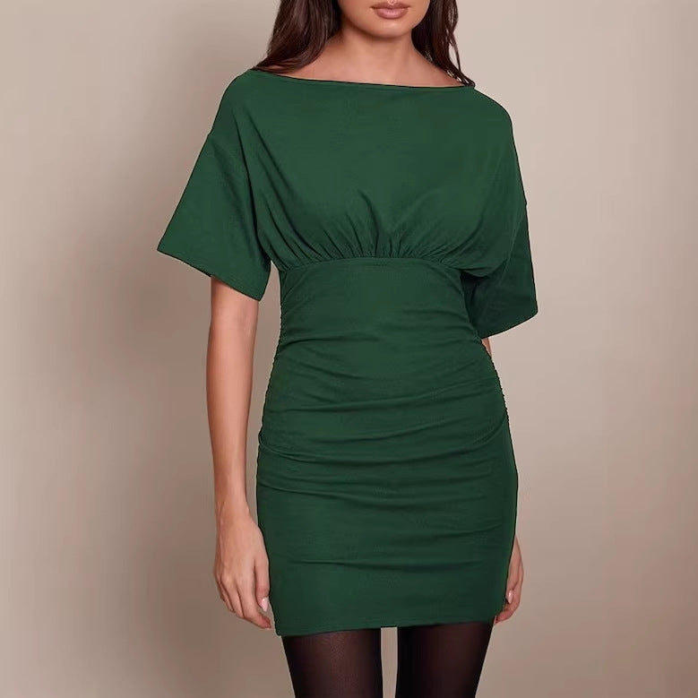 Damen Figurnahes Mini-Kleid mit U‑Boot‑Ausschnitt, Taillenraffung und Fledermausärmeln Shop Nory