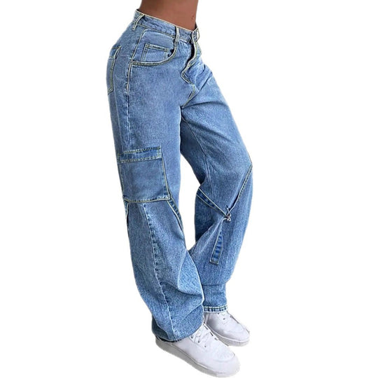 Damen Lässige Baggy-Cargo-Jeans mit verstellbaren Gurtbändern und aufgesetzten Pattentaschen Shop Nory