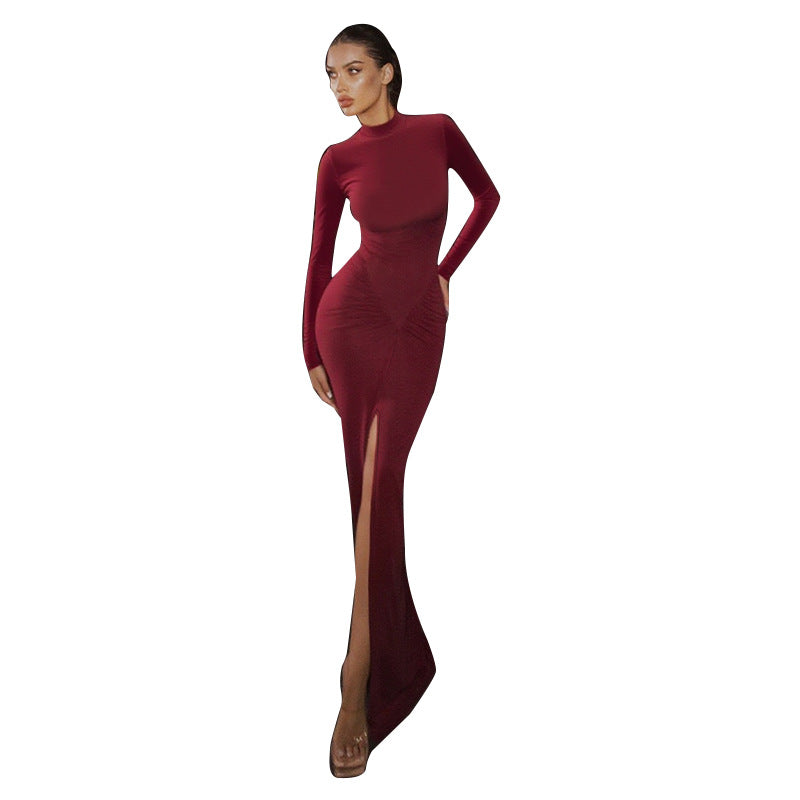 Damen Figurbetontes Abend-Maxikleid mit hohem Rundhals, langen Ärmeln, geraffter Hüftpartie und Frontschlitz Shop Nory