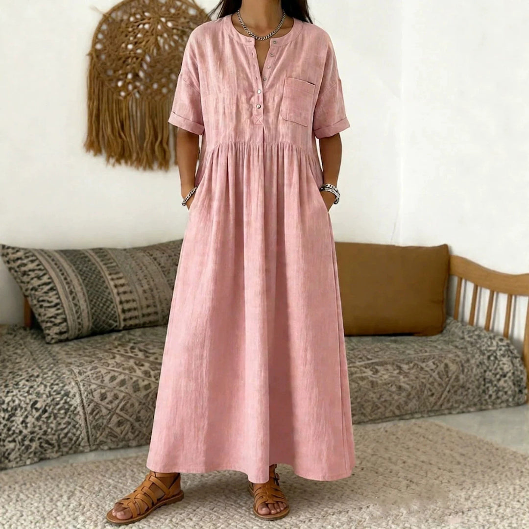 Damen Langes Boho‑Maxikleid mit Henley‑Knopfleiste, Brusttasche und seitlichen Eingrifftaschen Shop Nory