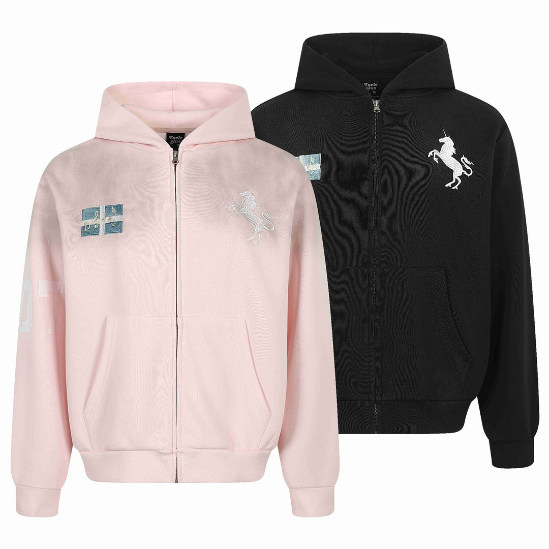 Damen Zip-Hoodie mit gesticktem Einhorn-Motiv und Musikpatch Shop Nory