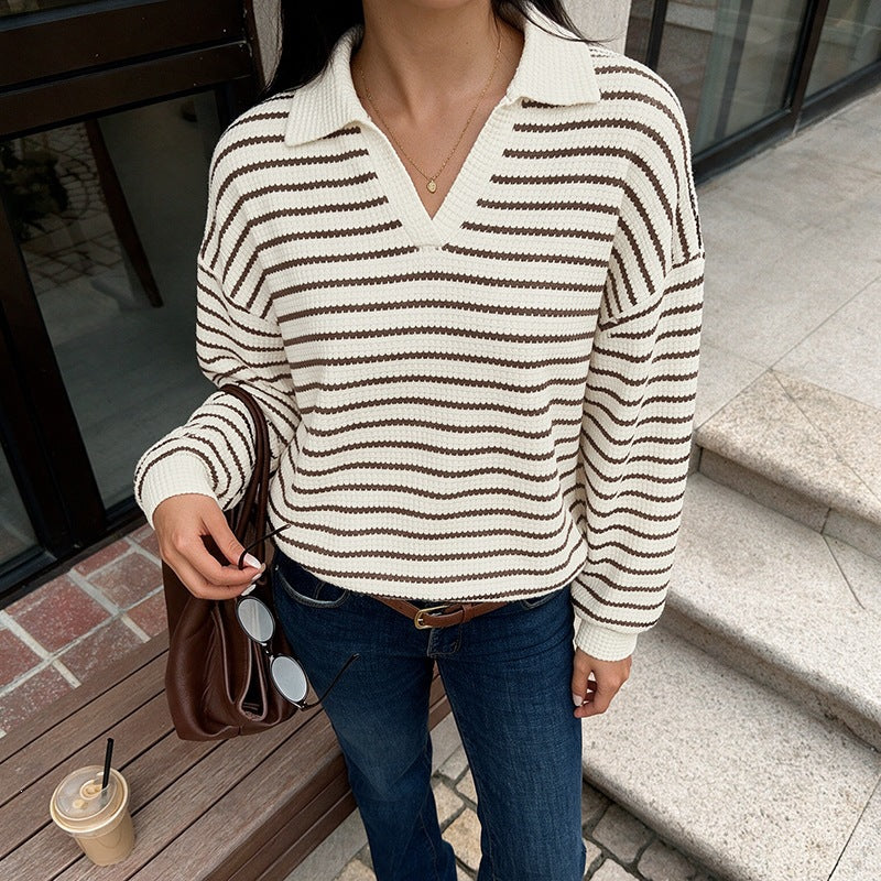 Damen Gestreifter Waffelstrick-Pullover mit Hemdkragen und V-Ausschnitt Shop Nory