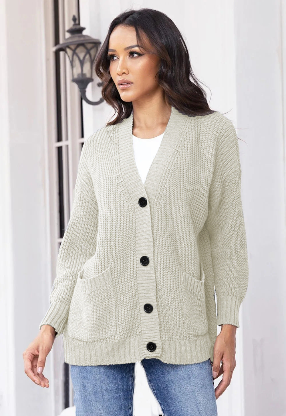 Damen Grobstrick-Cardigan mit praktischen Taschen und klassischem Knopfverschluss