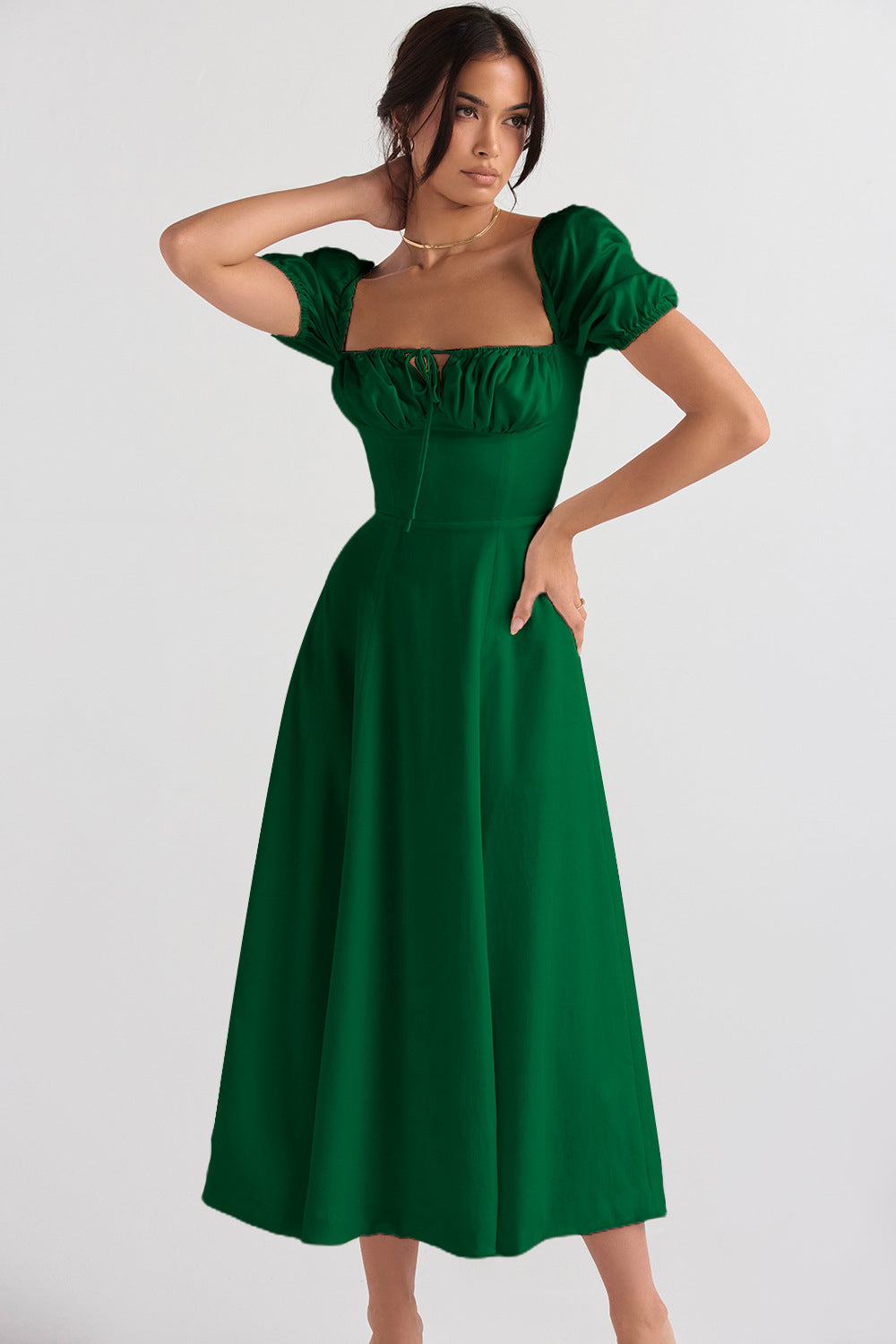 Damen Midi-Kleid mit gerafftem Oberkörper und ausgestelltem Rock