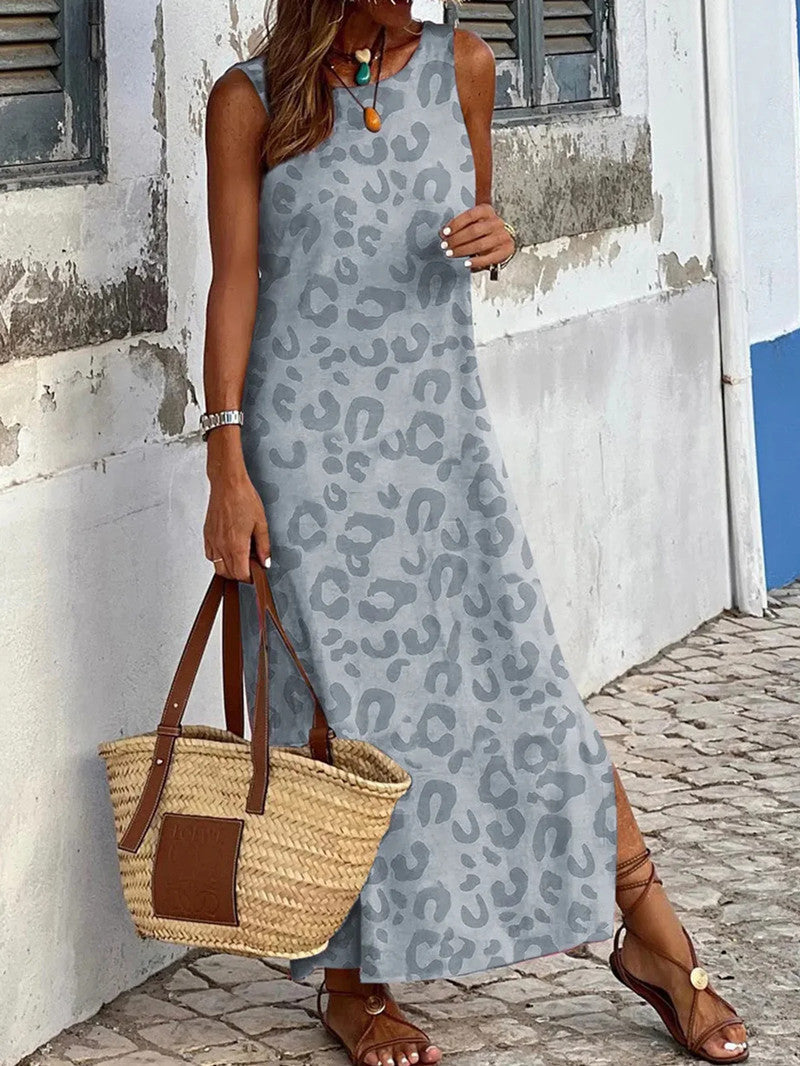 Damen Maxikleid mit modernem Leopardenmuster und ärmellosem Design
