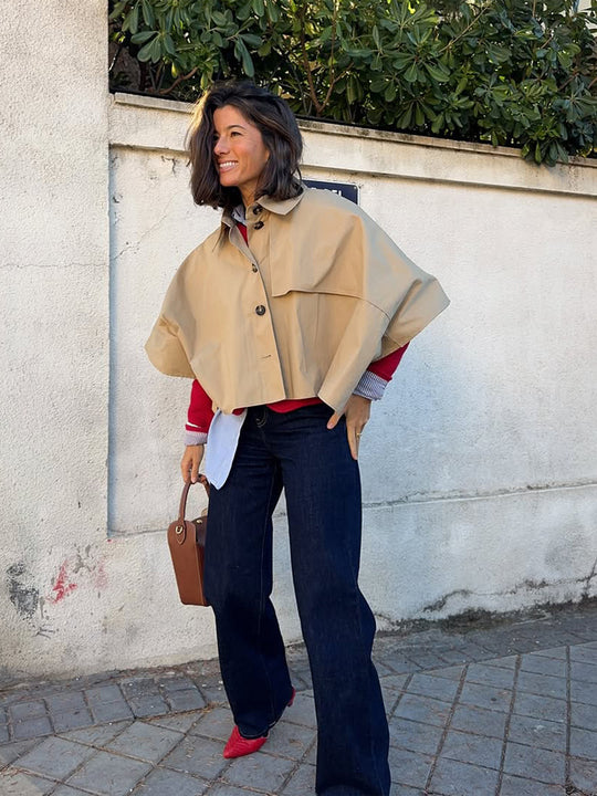 Damen kurze wasserabweisende Capejacke im Trench-Stil mit weitem Umlegekragen Shop Nory
