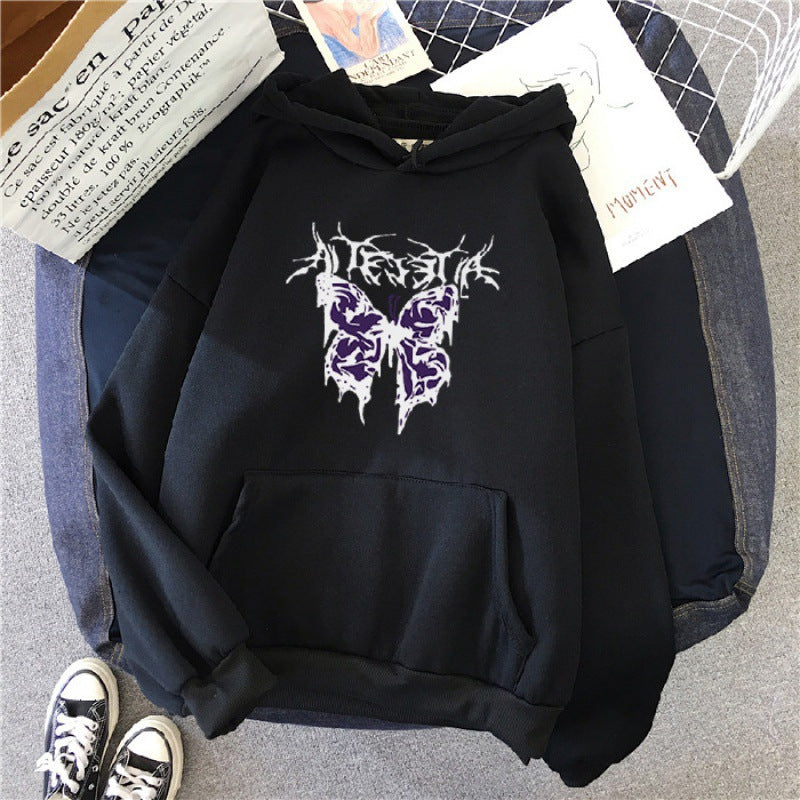 Damen nan Oversize-Kapuzenpullover mit gothischer Schmetterlings-Illustration und Kängurutasche Shop Nory