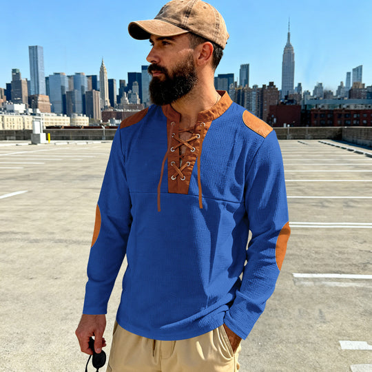 Herren Waffelstrick-Langarmshirt mit Schnürung und Kunstvelours-Ellbogenpatches Shop Nory