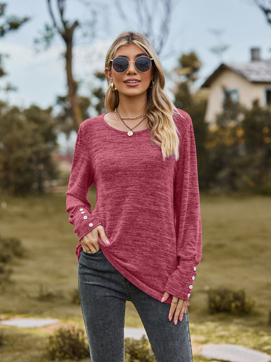 Damen Lässiges Langarmshirt mit Knopfmanschetten und weitem Rundhalsausschnitt Shop Nory