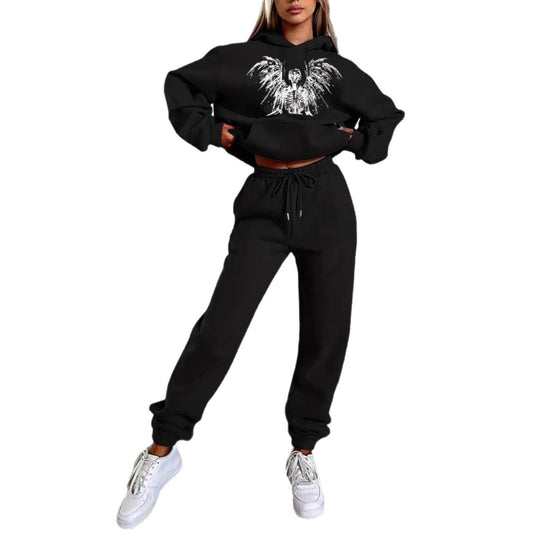 Damen nan zweiteiliges Lounge-Set Kapuzenpullover Cropped und High-Waist Jogginghose mit Engelsmotiv und elastischem Bund Shop Nory