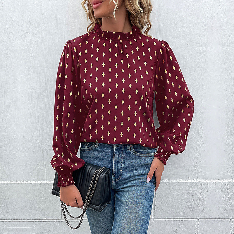 Damen Elegante Rüschen-Stehkragen-Bluse mit Puffärmeln und Smokbündchen Shop Nory