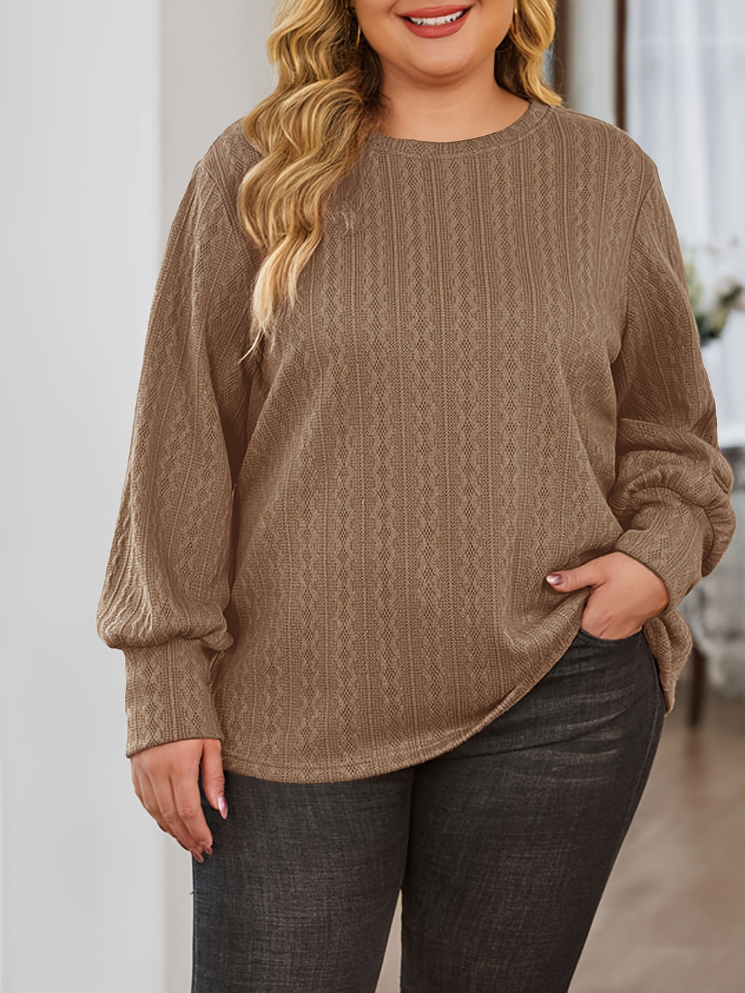Damen Texturierter Oversize-Strickpullover mit Rundhalsausschnitt und Ballonärmeln Shop Nory