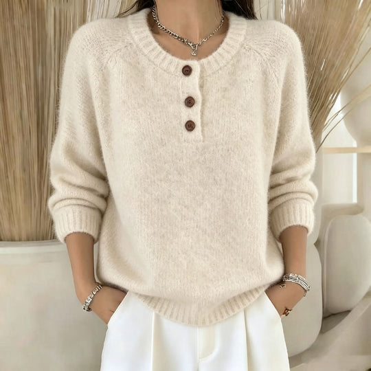 Damen Kuscheliger Rundhals-Henley-Pullover mit Knopfleiste und Raglanärmeln Shop Nory