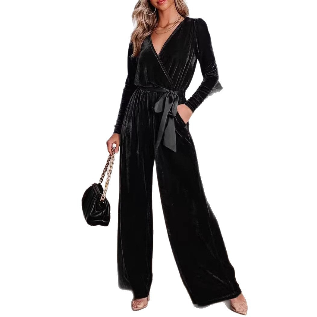Damen Samt‑Jumpsuit mit Wickel‑V‑Ausschnitt, weitem Bein und Taillengürtel Shop Nory