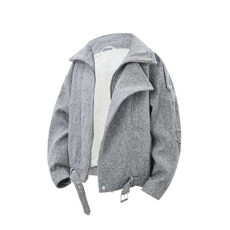 Damen Kurz geschnittene Wollmix-Bikerjacke mit asymmetrischer Front und Taillengürtel Shop Nory