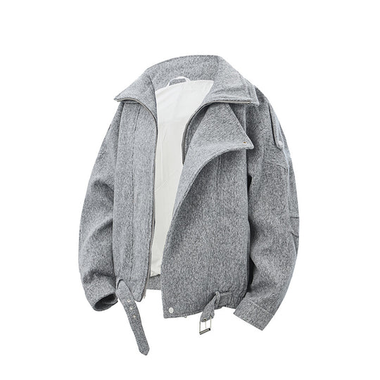Damen Kurz geschnittene Wollmix-Bikerjacke mit asymmetrischer Front und Taillengürtel Shop Nory