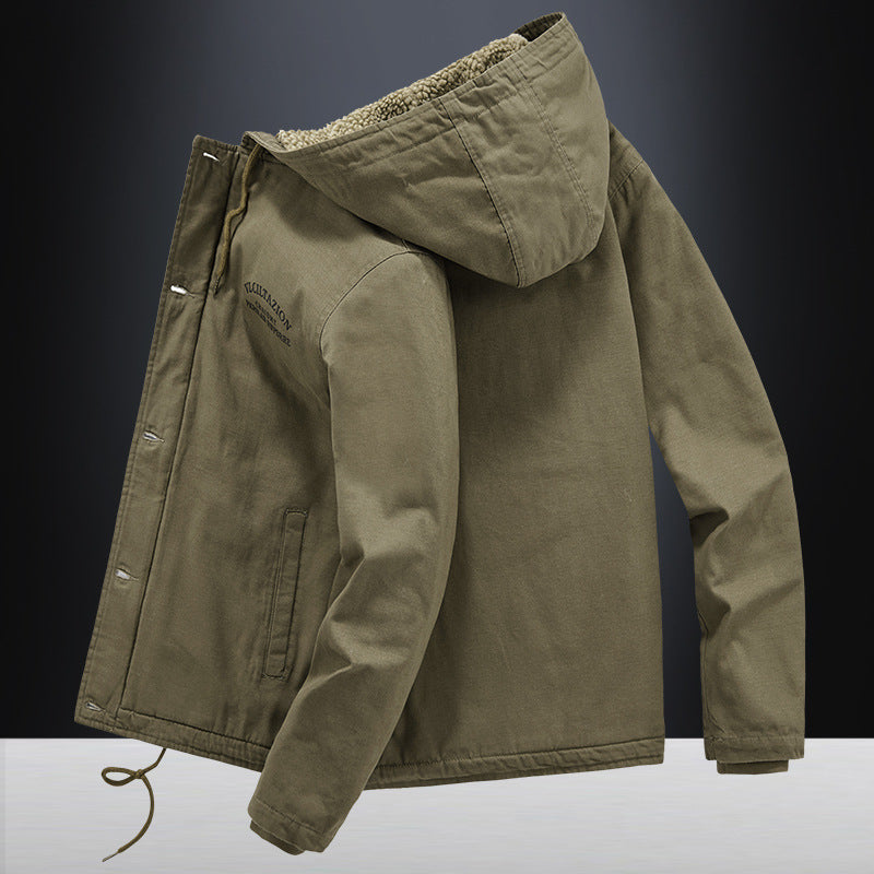Herren Canvas-Kapuzenjacke mit durchgehendem Teddyfutter, Zwei-Wege-Reißverschluss und Kordzugsaum Shop Nory