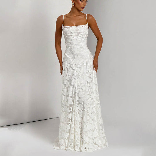 Damen Maxikleid mit floralem Spitzenmuster und schwingendem Rock