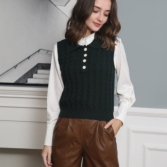 Damen Feinstrick-Ärmellose Polo-Weste mit Zopfmuster und tailliertem Schnitt Shop Nory