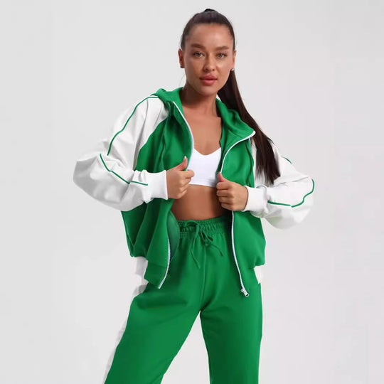 Damen sportlicher Kapuzen-Trainingsanzug aus Baumwollmix mit durchgehendem Reißverschluss und Kontrastärmeln Shop Nory