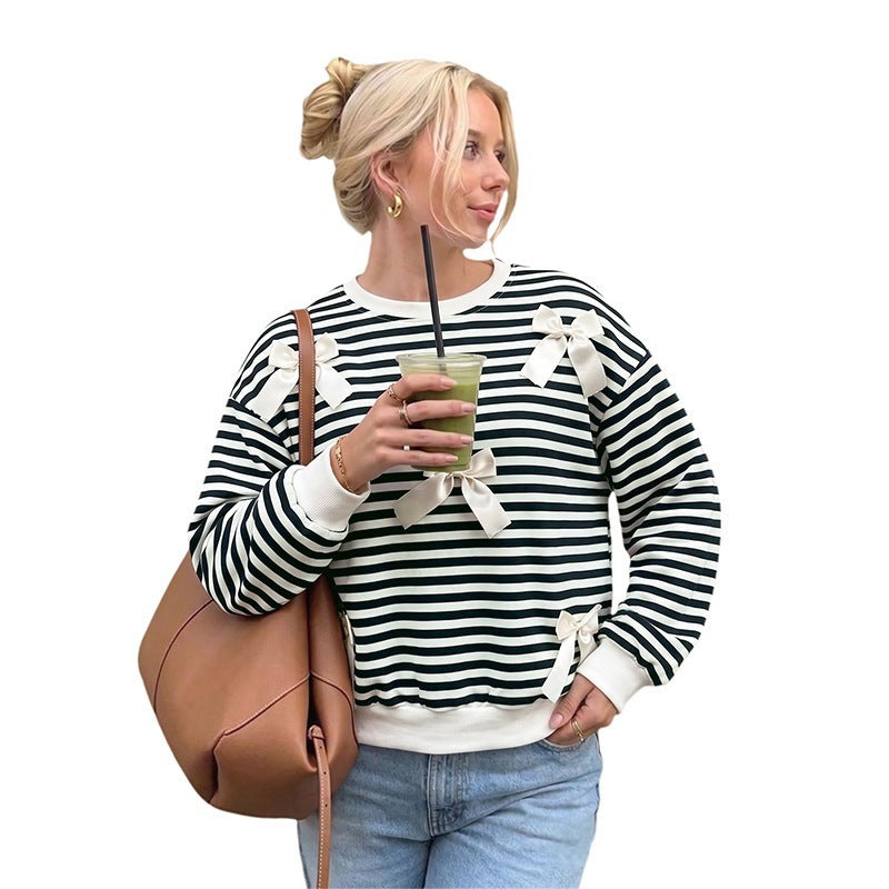 Damen Gestreifter Pullover mit Schleifendetails Shop Nory