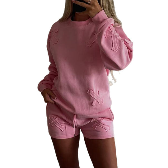 Damen nan lässiges Sweatshirt- und Short-Set mit dekorativen Schleifen-Applikationen, hohem Rundhalsausschnitt und Tunnelzugbund Shop Nory