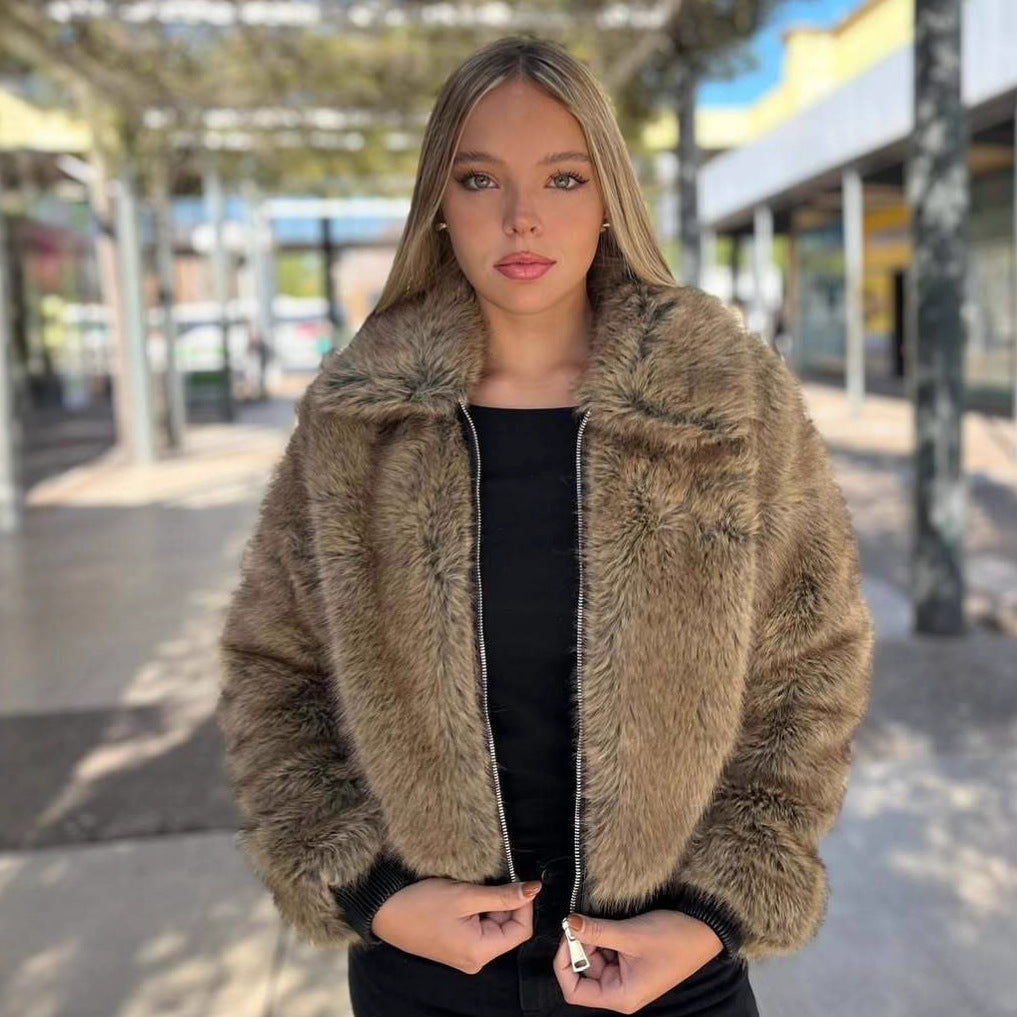 Damen Kurze Faux-Fur Bomberjacke mit Reißverschluss und Rippsaum Shop Nory