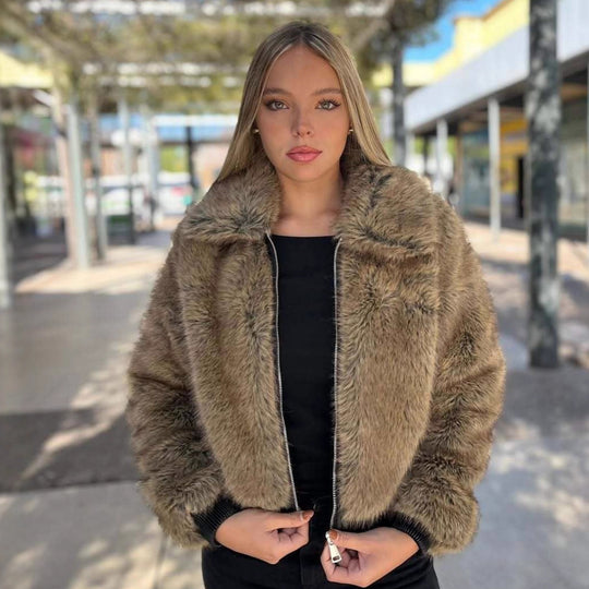 Damen Kurze Faux-Fur Bomberjacke mit Reißverschluss und Rippsaum Shop Nory