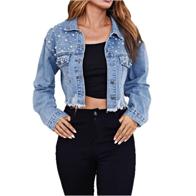 Damen kurze Jeansjacke mit Perlenbesatz, fransigem Saum und weit geschnittenen Ärmeln Shop Nory