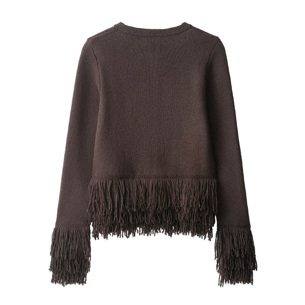 Damen Fransen Strickjacke mit eleganter Knopfverschlusstechnik