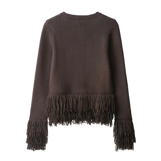 Damen Fransen Strickjacke mit eleganter Knopfverschlusstechnik