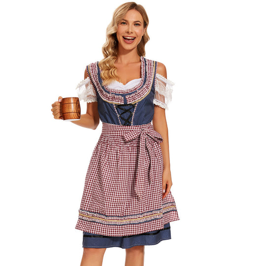 Damen nan traditionelles Dirndlkleid mit kariertem Schürzenrock, Schnürung und Spitzenärmeln Shop Nory