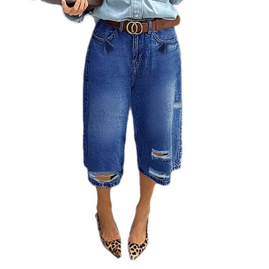 Damen Hochtaillierte Denim-Culotte mit Destroyed-Einsätzen und rohem Saum Shop Nory