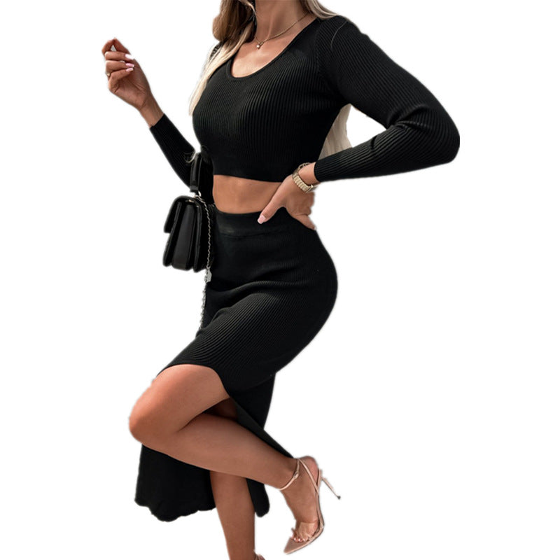 Damen Figurbetonendes Rippstrick-Set mit langem Arm und Schlitz-Wickelrock