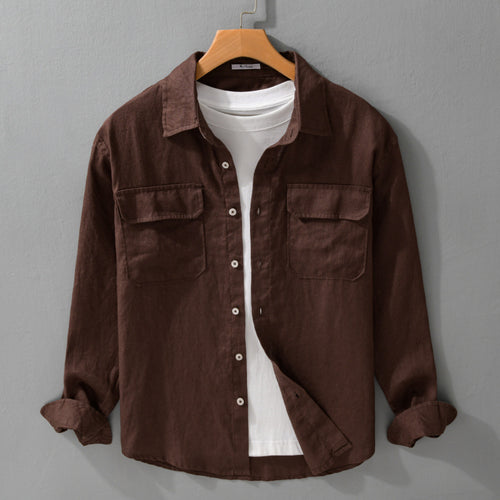 Herren Lockeres Leinen-Overshirt mit Brusttaschen und Knopfleiste Shop Nory