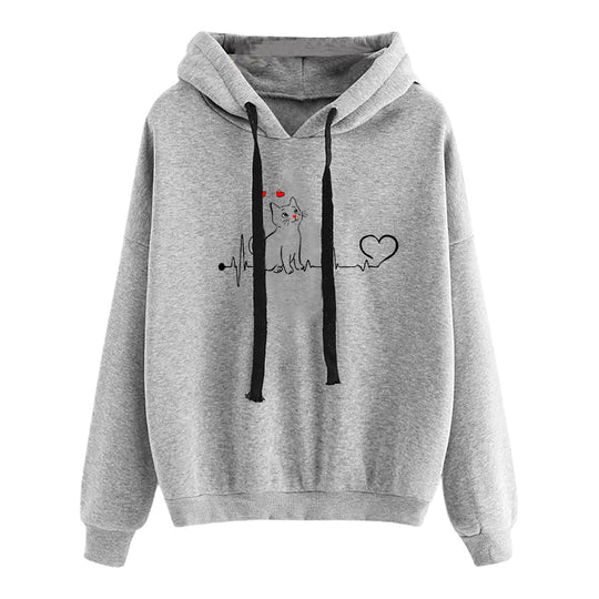 Damen nan leichter Oversize Kapuzenpullover mit Herz‑EKG‑Motiv, langen Kordeln und elastischem Bund Shop Nory