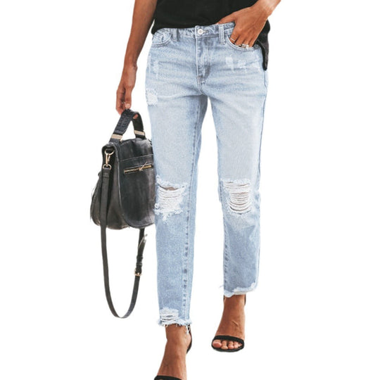 Damen Destroyed Mom Jeans mit Fransen und lässigem Schnitt