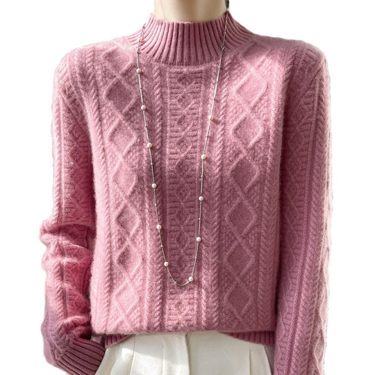 Damen Kuscheliger Mohair‑Optik Mockneckpullover mit Rautenzopfstruktur und kastiger Silhouette Shop Nory