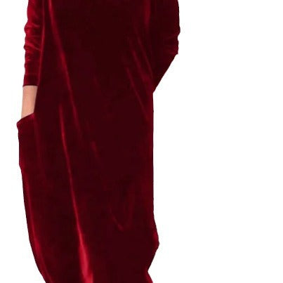 Damen Elegantes Samt Maxi Kleid mit Hohem Rollkragen, Seitentaschen und Lockere Silhouette Shop Nory