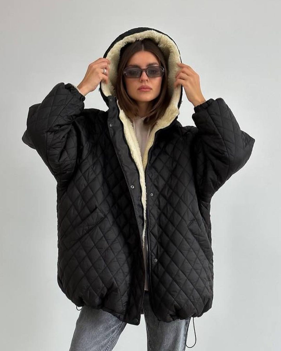 Damen Oversize Steppjacke mit Teddyfutter und Kapuze Shop Nory