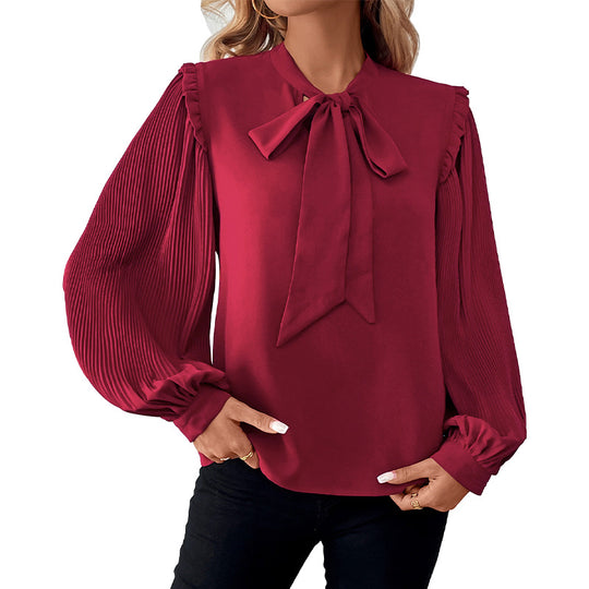 Damen Plissierte Chiffon-Bluse mit Schleifenkragen, Ballonärmeln und Rüschendetail Shop Nory
