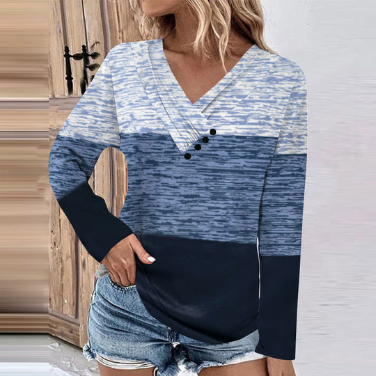 Damen Gerippter V-Ausschnitt Pullover mit Farbverlauf, Zierknöpfen und legerer Passform Shop Nory