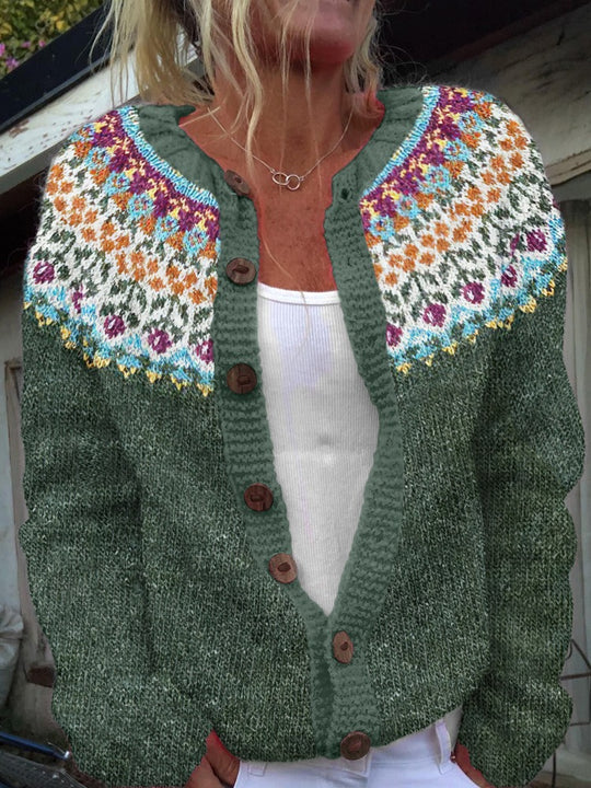 Damen nan gemusterte Strickjacke mit Rundpasse, Holzknöpfen und Eingrifftaschen Shop Nory