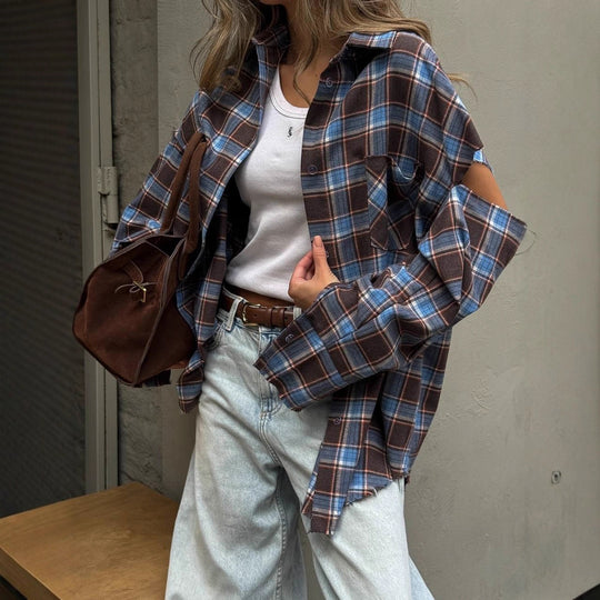 Damen karierte Oversize-Hemdjacke mit Cut-Out-Ärmeln und rohem Saum Shop Nory