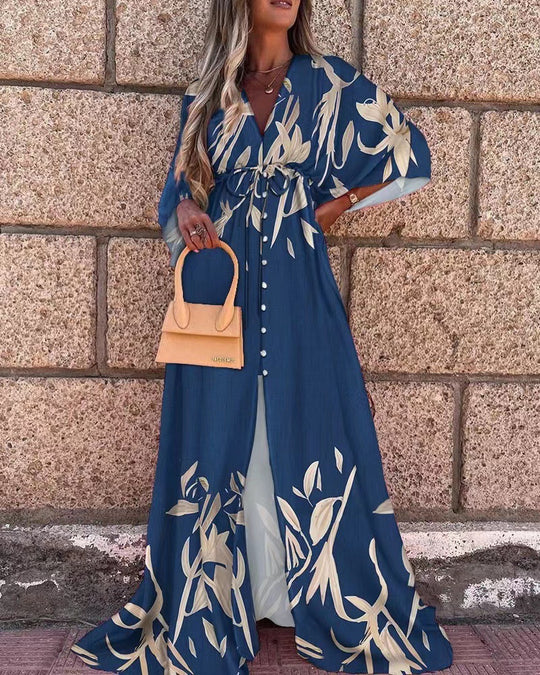 Damen Maxikleid mit tiefem V-Ausschnitt BindShop Noryand in Empire-Taille Kimonoärmeln und Frontschlitz Shop Nory