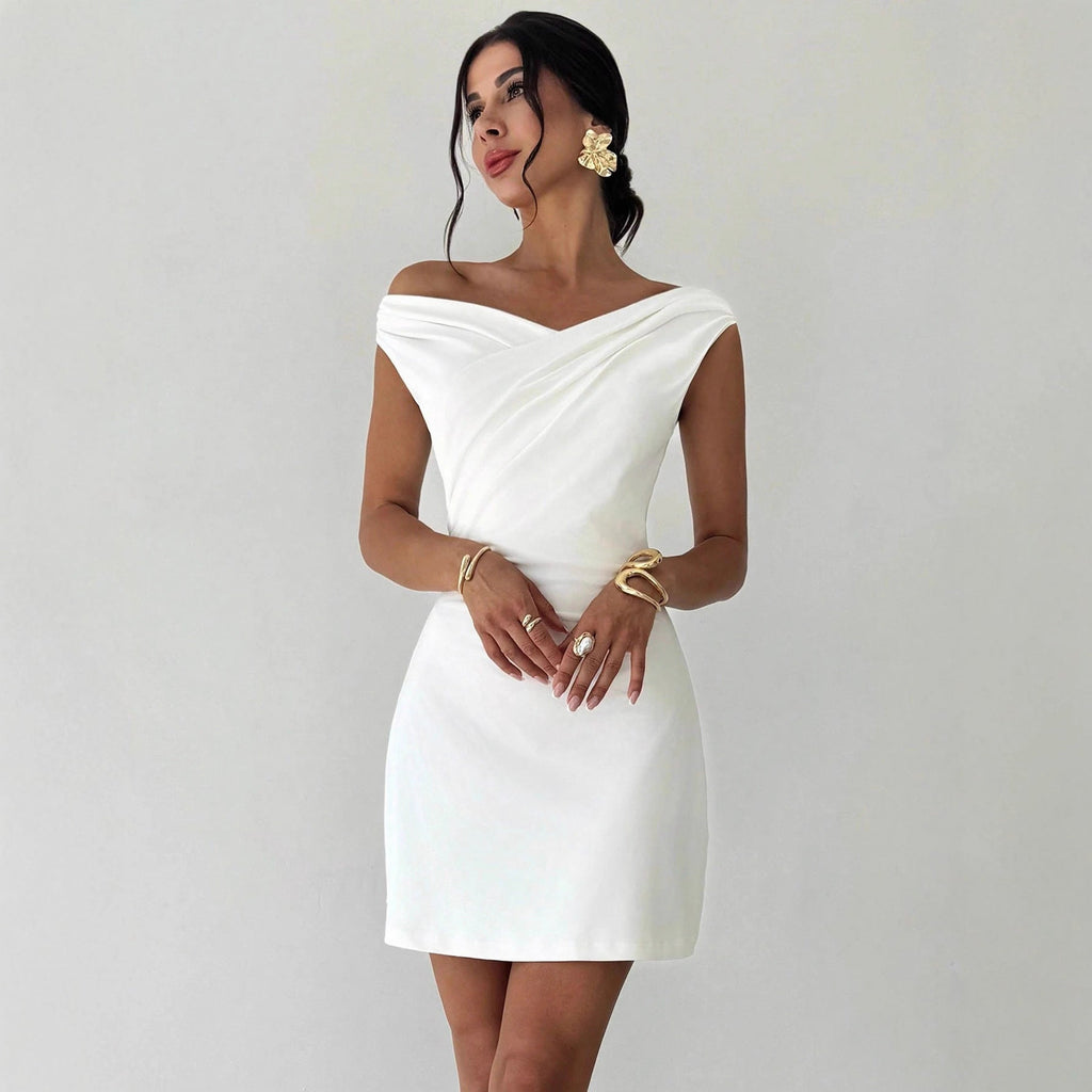 Damen nan schulterfreies Etuikleid mit überkreuzter Ausschnittdrapierung und taillierter Silhouette Shopnory