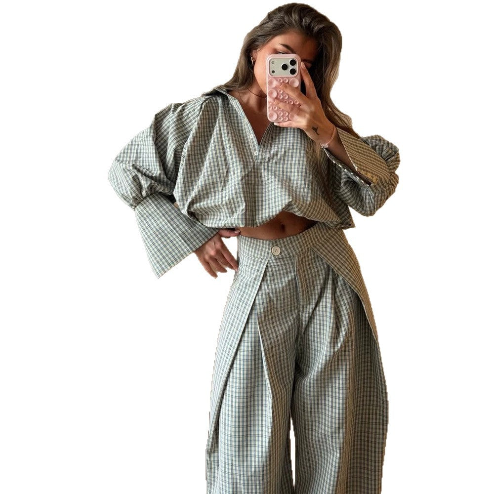 Damen Zweiteiliges kariertes Set mit Cropped Oversize-Hemd und weiter Bundfaltenhose Shop Nory