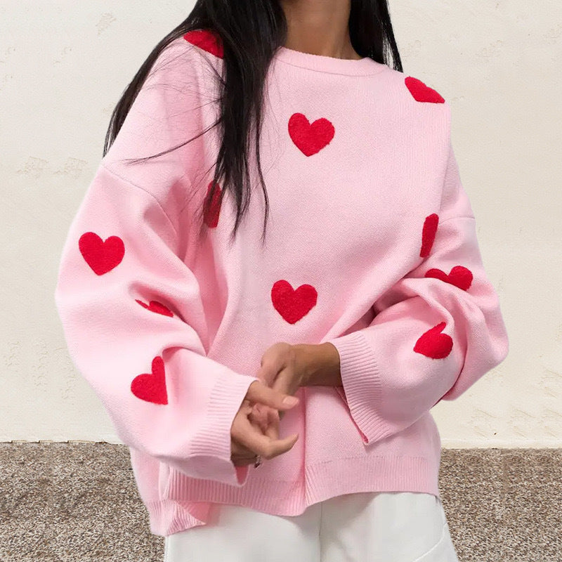 Damen Oversize-Feinstrickpullover mit Allover-Herzintarsien und überschnittenen Schultern Shop Nory
